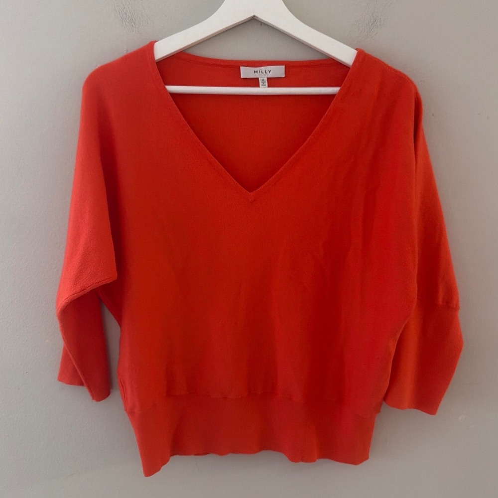 Milly Women Medium Orange V-Neck Dolman Sleeve Ribbed Hem Pullover Sweater